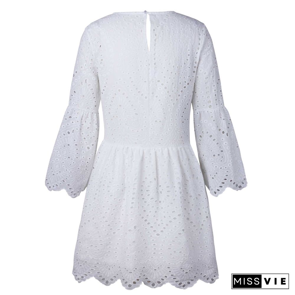 Casual Scalloped Trim Hemline Eyelet Lace Swing Dress