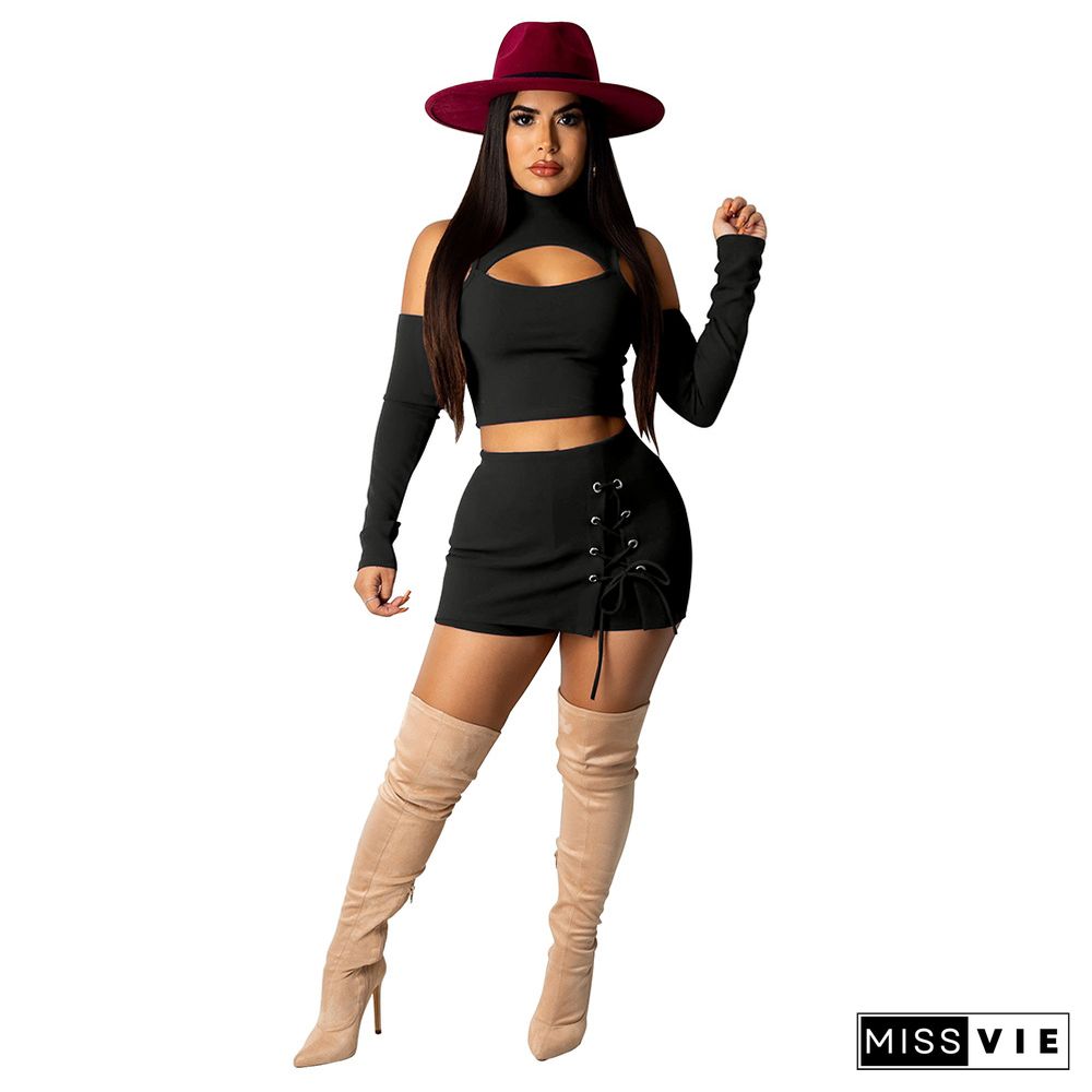 Hollow Out Long Sleeve Crop Top Bandage Skirt Set