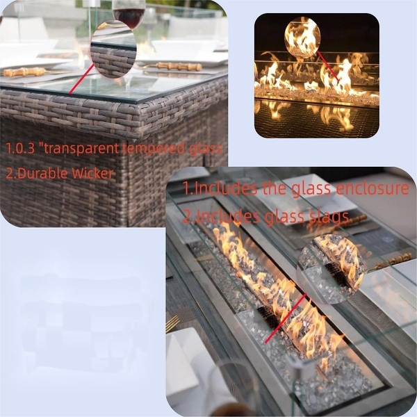 7Pc Outdoor Wicker Rectangular Gas Fire Pit Table Set with 6 Armchairs (Including Rain Cover)