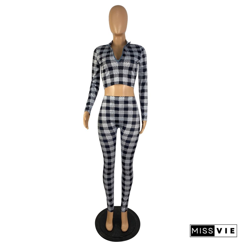 Plaid Crop Top Bodycon Pencil Pants Two Piece Set