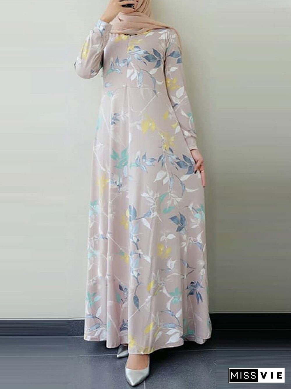 Leaves Print O-neck Long Sleeve Casual Muslim Dress for Women