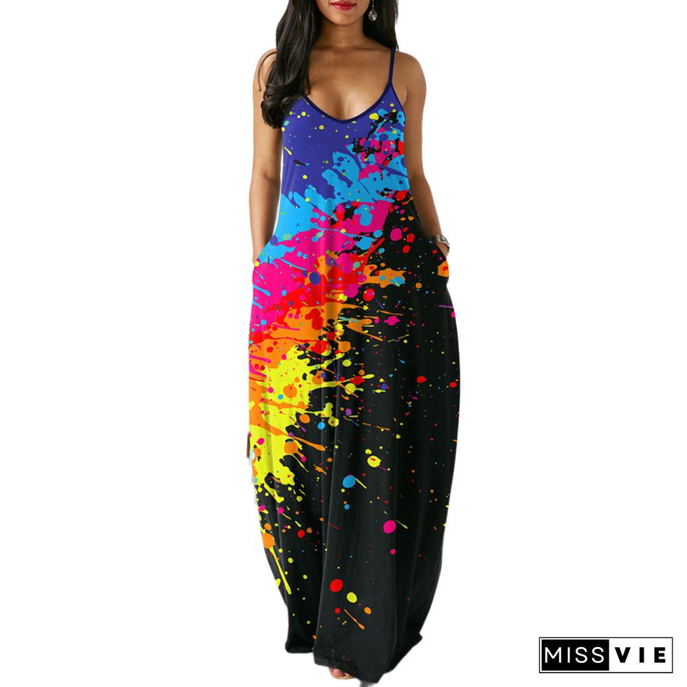 Women Summer Sexy Floral Print Pockets Spaghetti Strap V-Neck Loose Club Party Long Maxi Dresses