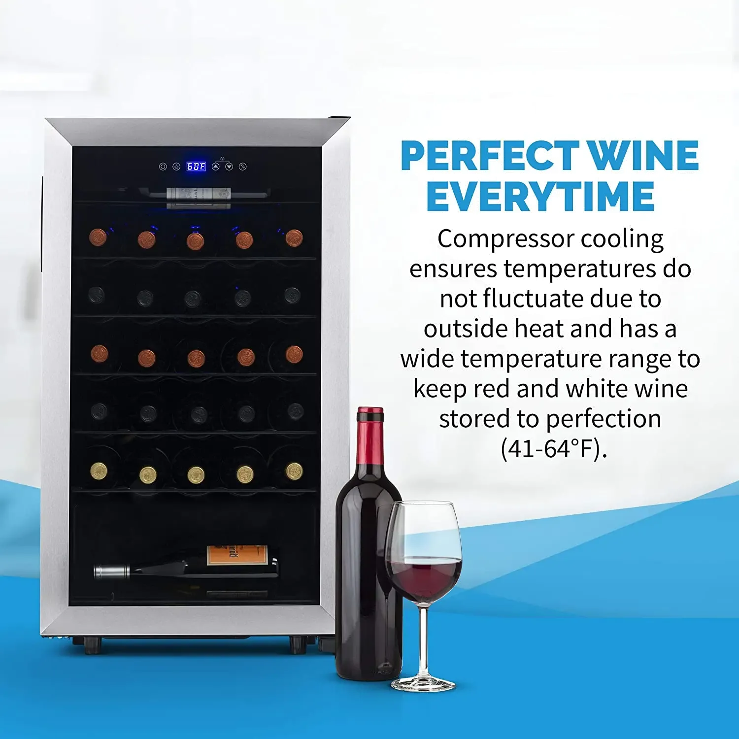 NewAir 33 Bottle Freestanding Compressor Wine Fridge - Stainless Steel