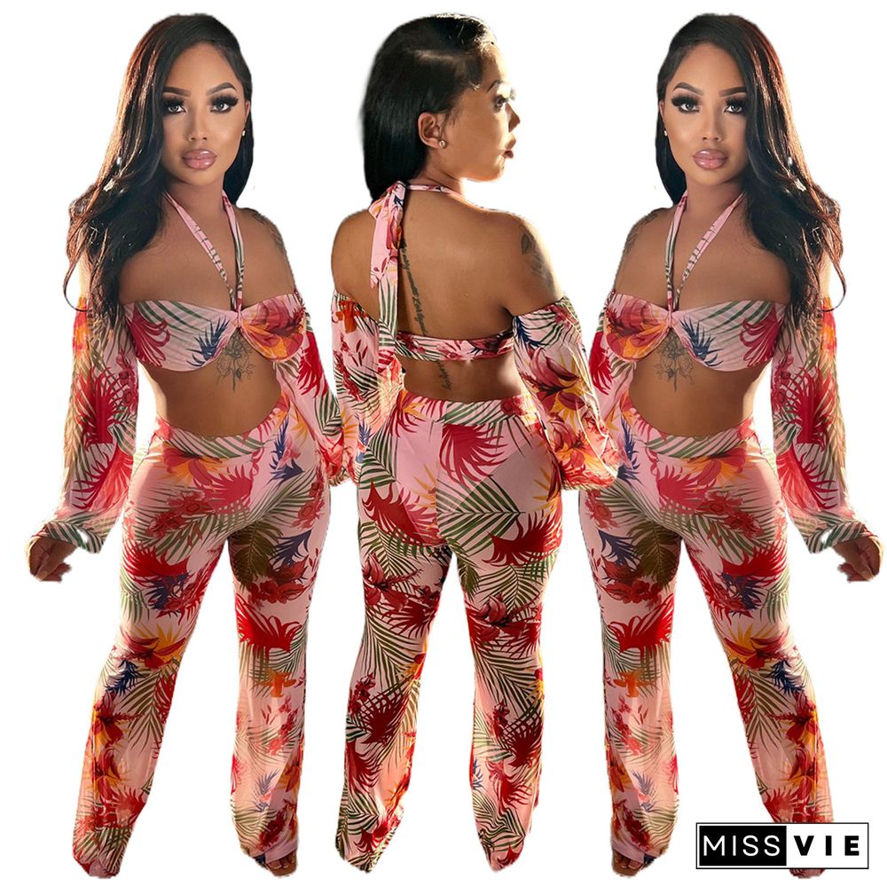 Mesh Sheer Print Halter Crop Top and Pants Set