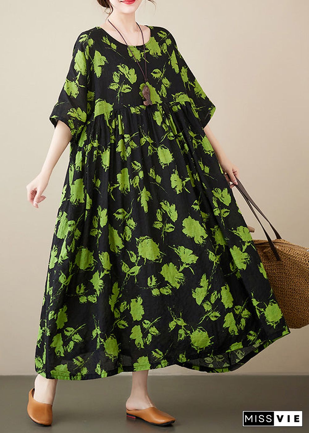 Loose Green Print Wrinkled Cotton Maxi Dresses Summer