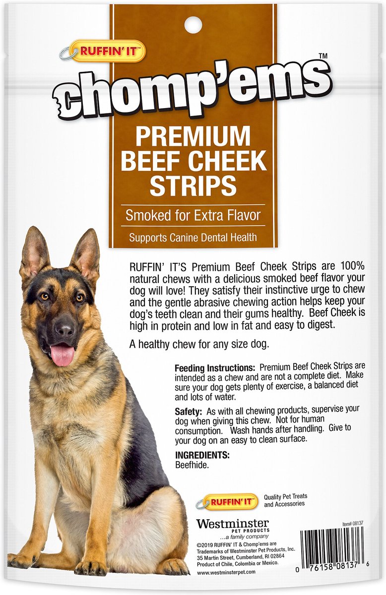 RUFFIN' IT Chomp'Ems Premium Beef Cheek Strips Dog Chew Treats， 8 count