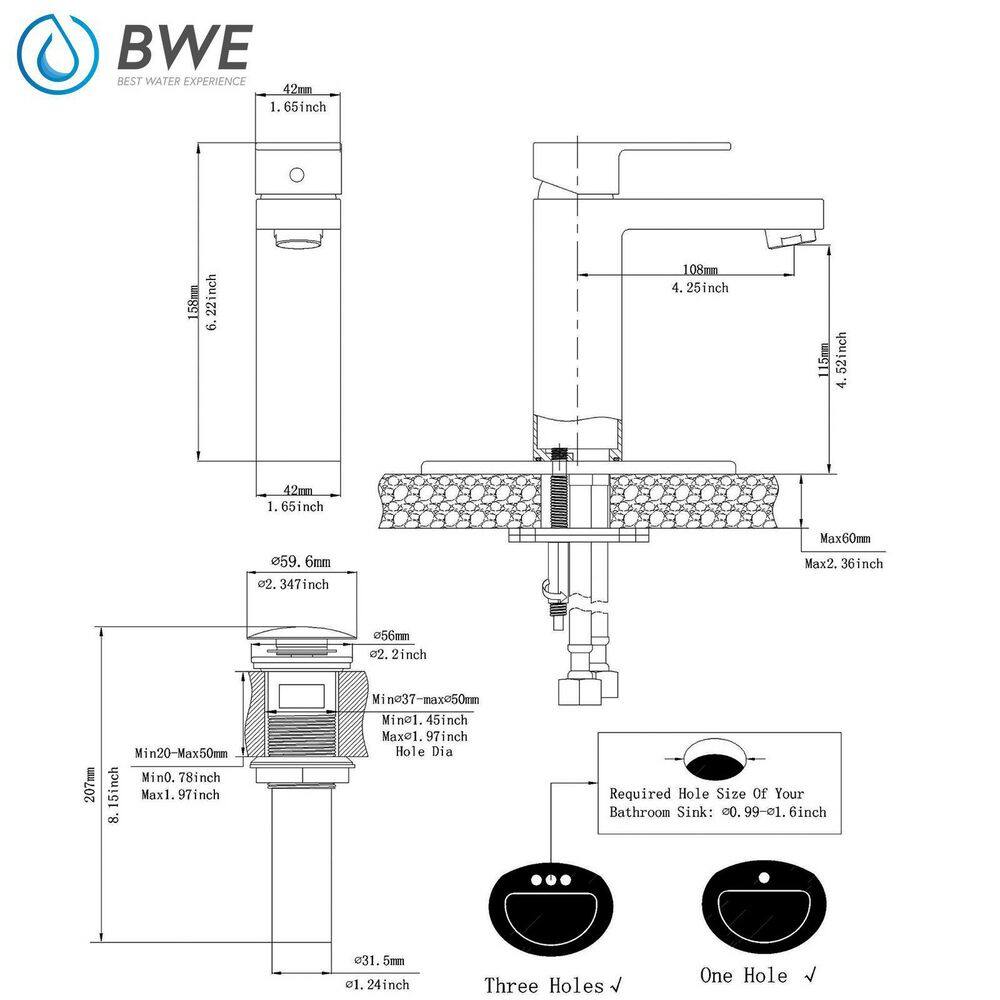 BWE Single Hole Single-Handle Low-Arc Bathroom Faucet With Pop-up Drain Assembly in Matte Black A-96006-B-2