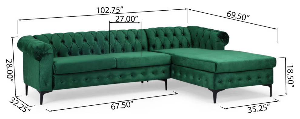 Nathanial Velvet 3 Seater Sectional Sofa With Chaise Lounge   Contemporary   Sectional Sofas   by GDFStudio  Houzz