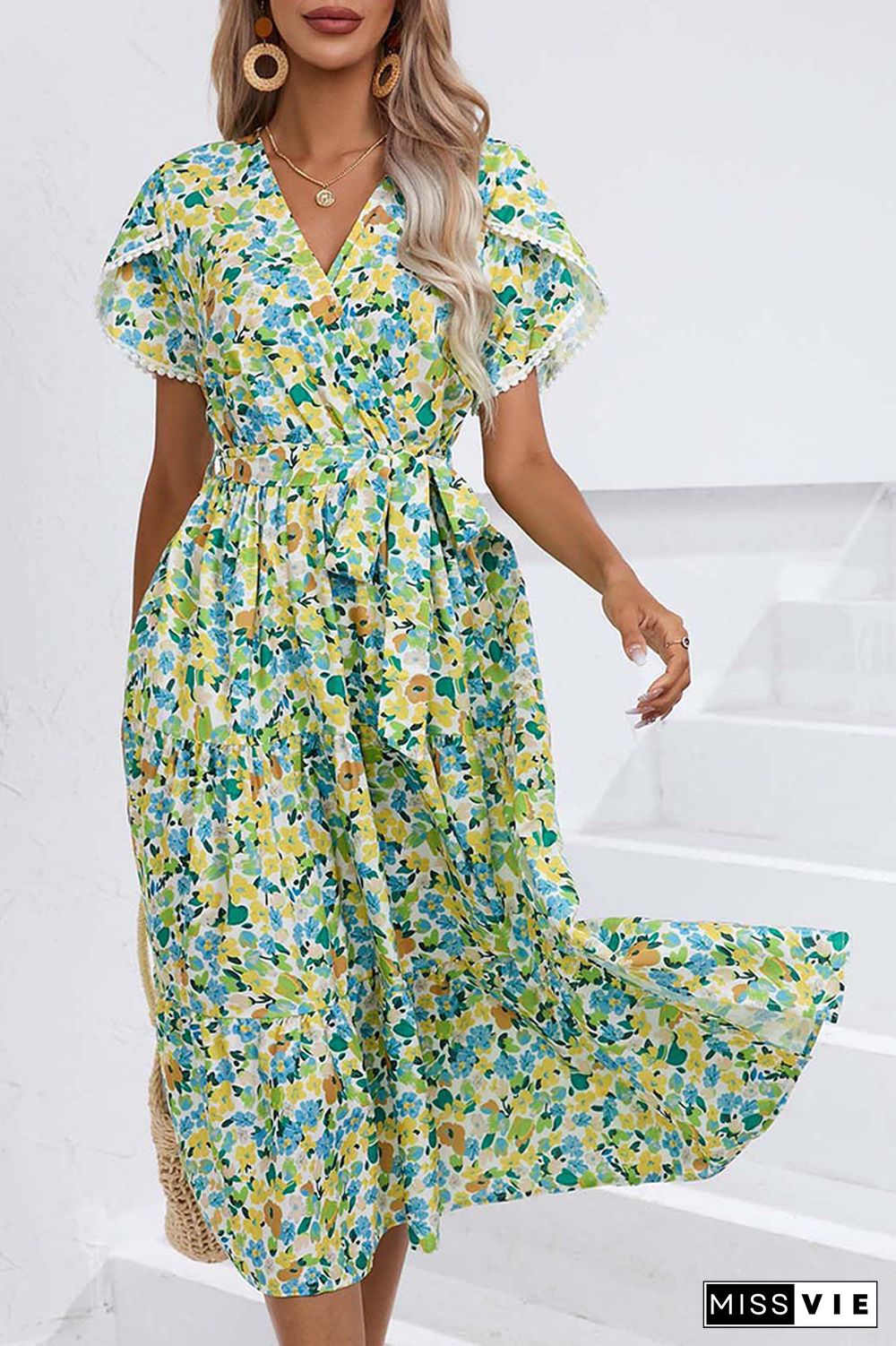 Wrap V Neck Tulip Sleeves Maxi Floral Dress