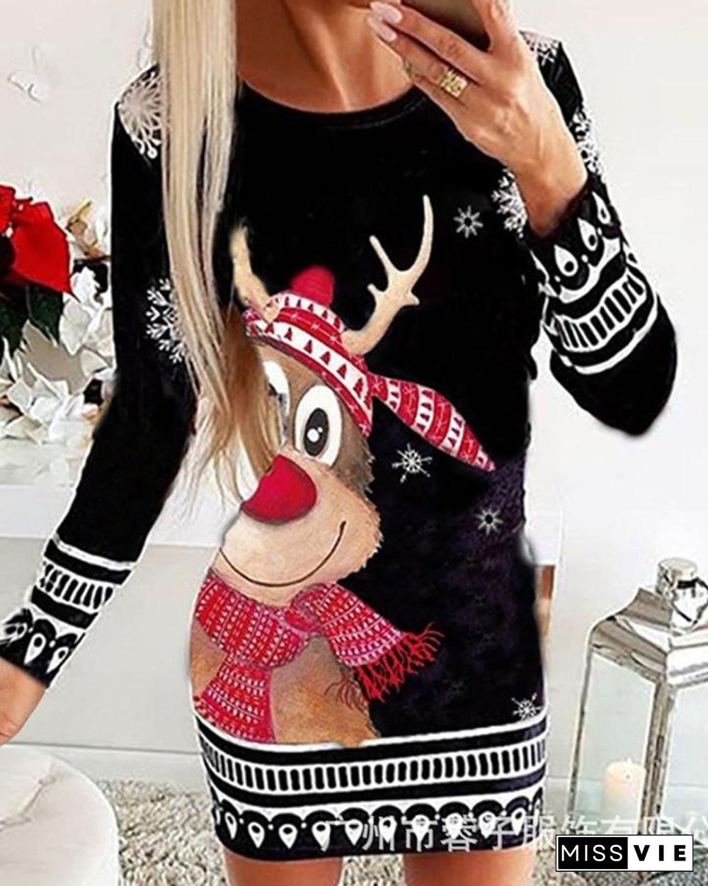 Christmas Mixed Print Long Sleeve Dress P10806