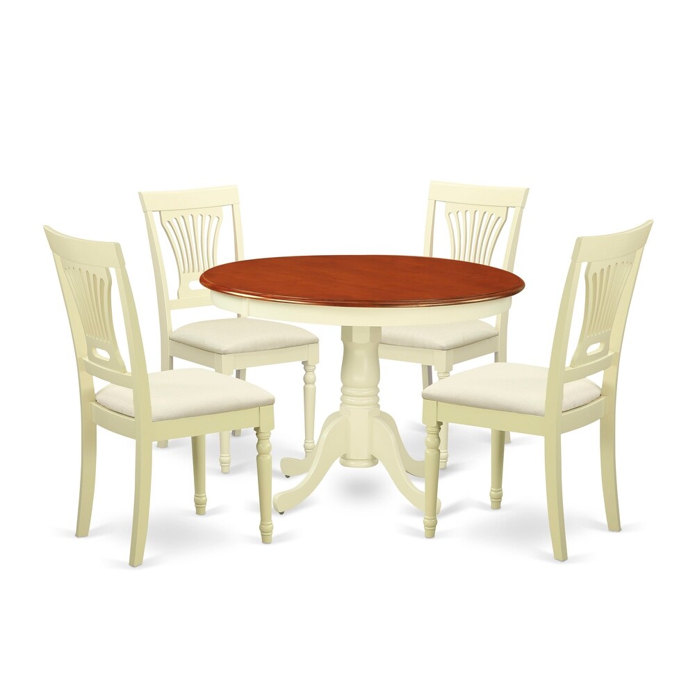 East West Furniture 5 Piece Dining Set  a Round Table with Pedestal and 4 Chairs  Buttermilk   Cherry(Seat Type Options)