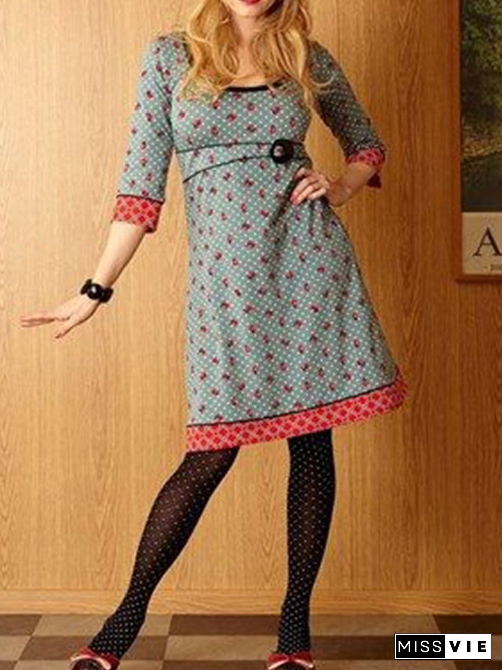 Vintage Plus Size Long Sleeve Printed Casual Knitting Dress