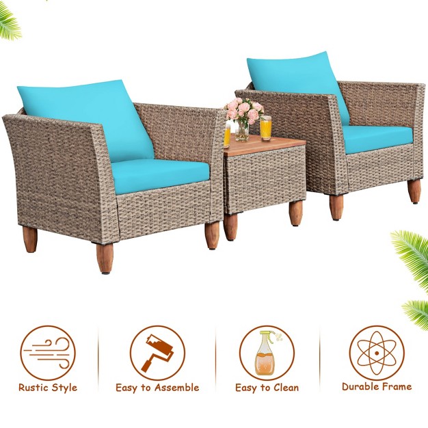 Tangkula 3 Piece Outdoor Rattan Sofa Set Wicker Conversation Furniture Set With Cushions