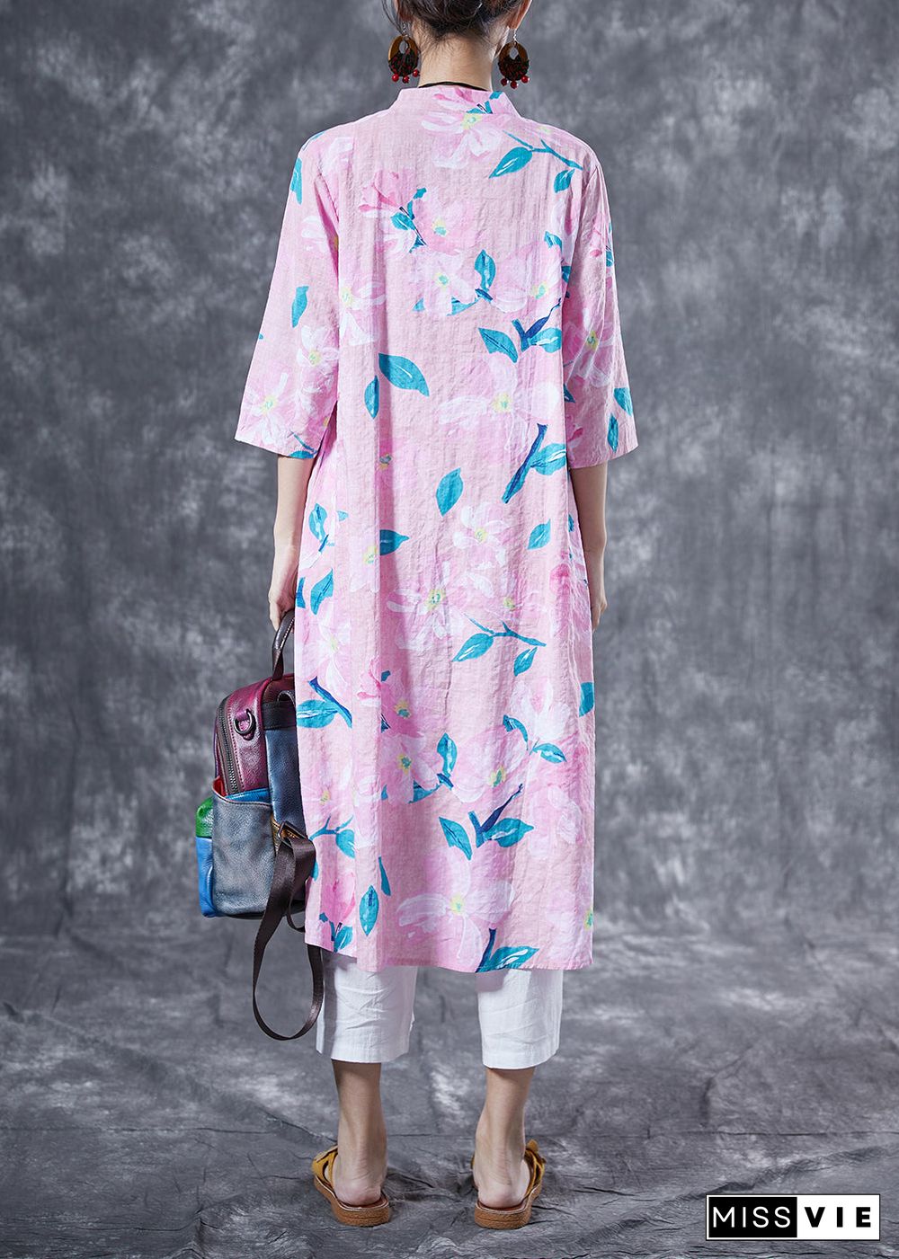 Pink Print Cotton Long Shirt Oversized Low High Design Summer