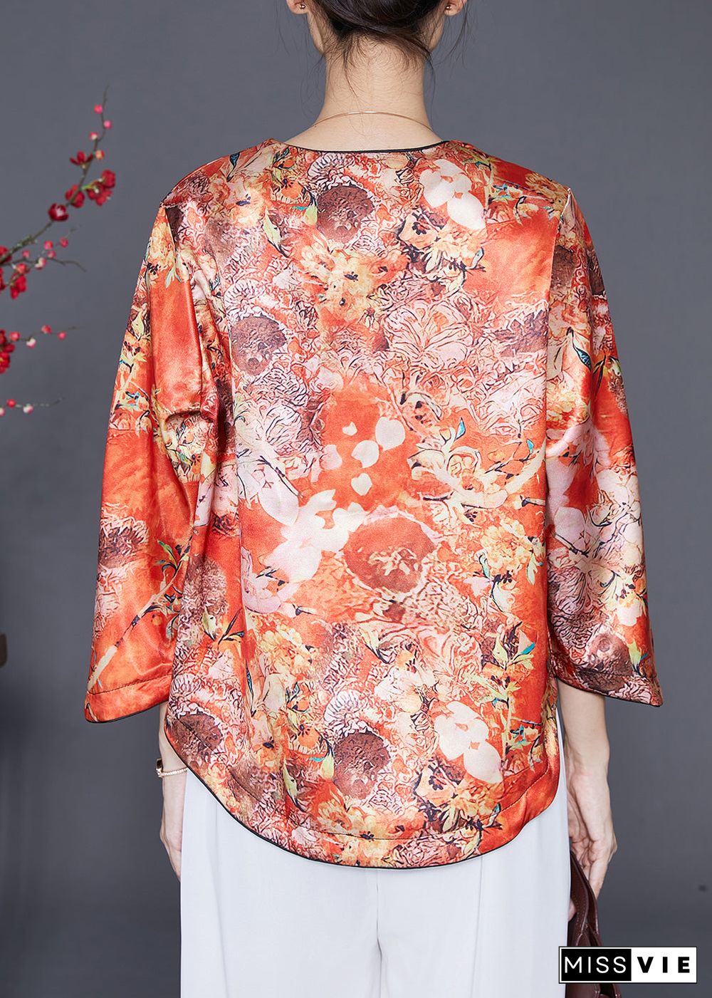 Chic Orange Chinese Button Print Silk Shirts Bracelet Sleeve