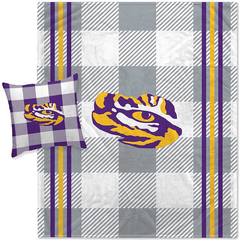 Pegasus LSU Tigers Gray Plaid Stripes Blanket and Pillow Combo Set