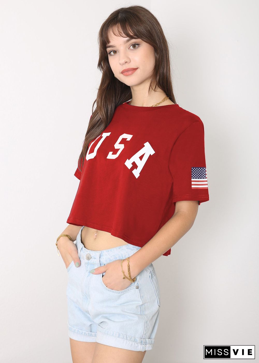 Anna-Kaci Women's Letter Print Crop Top Short Sleeve July 4th USA Flag T-Shirt