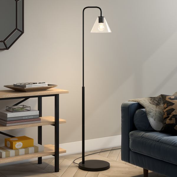 Henderson Arc Floor Lamp with Glass Shade in Blackened Bronze/Clear