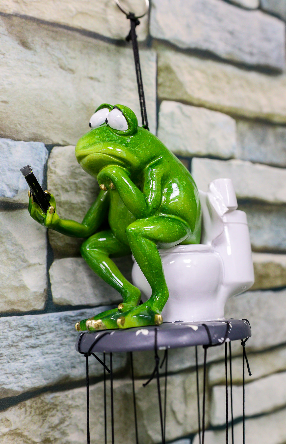 Call Of Nature Frog On Toilet Seat Browsing Smartphone Cell Phone Wind Chime