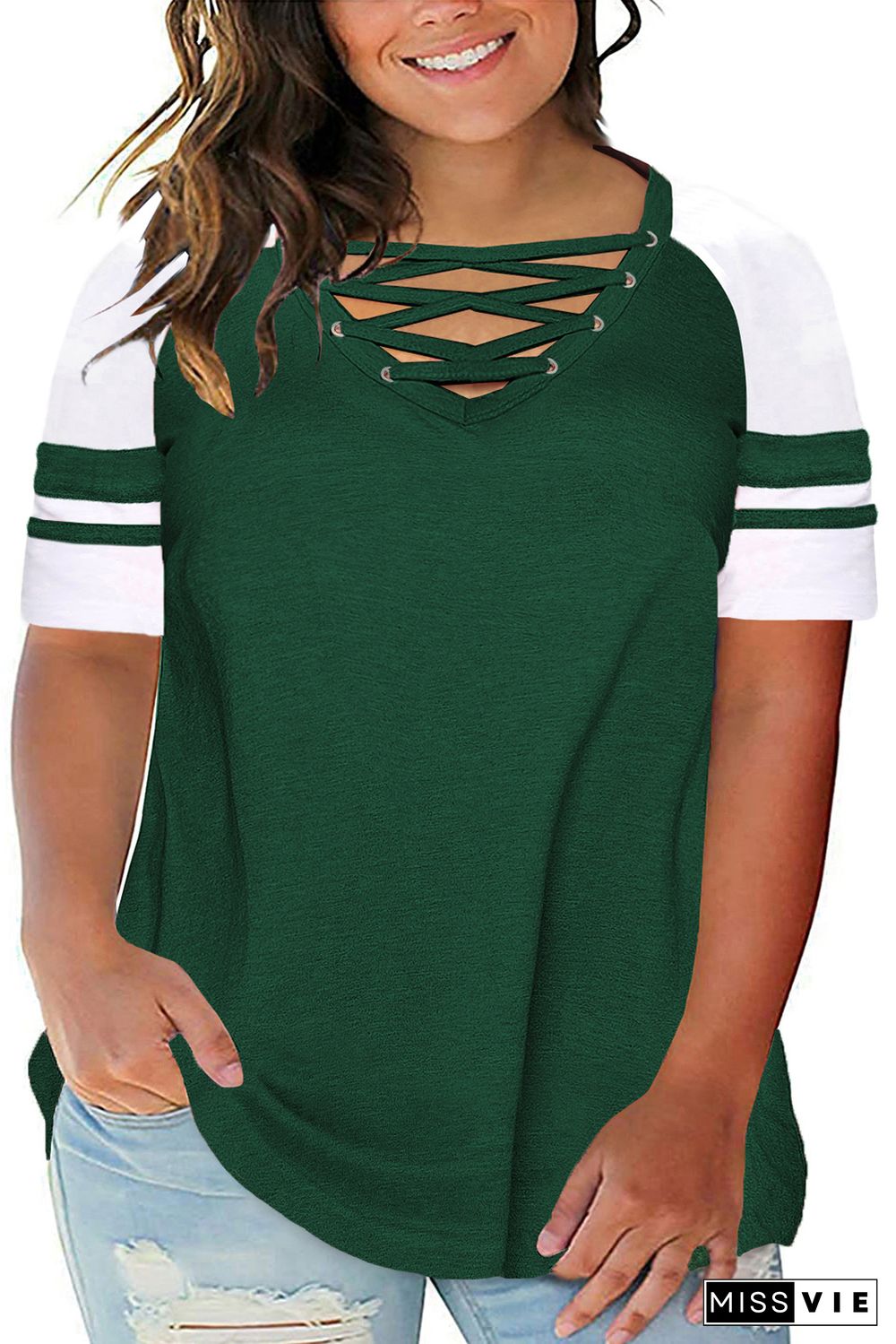 Green Crisscross V Neck Raglan Sleeve Plus Size Tee