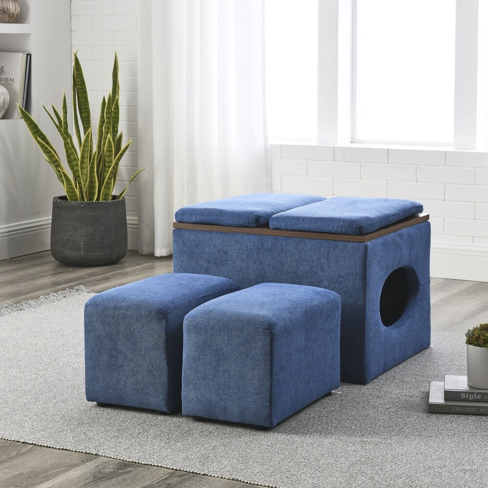 Modern Design Hollow Storage Ottoman Bench  Upholstery Coffee Table 2 Small footstools Short Ottoman Stoo  Blue