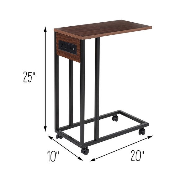 Walnut/Black C-Shape Rolling Side Table with Outlets