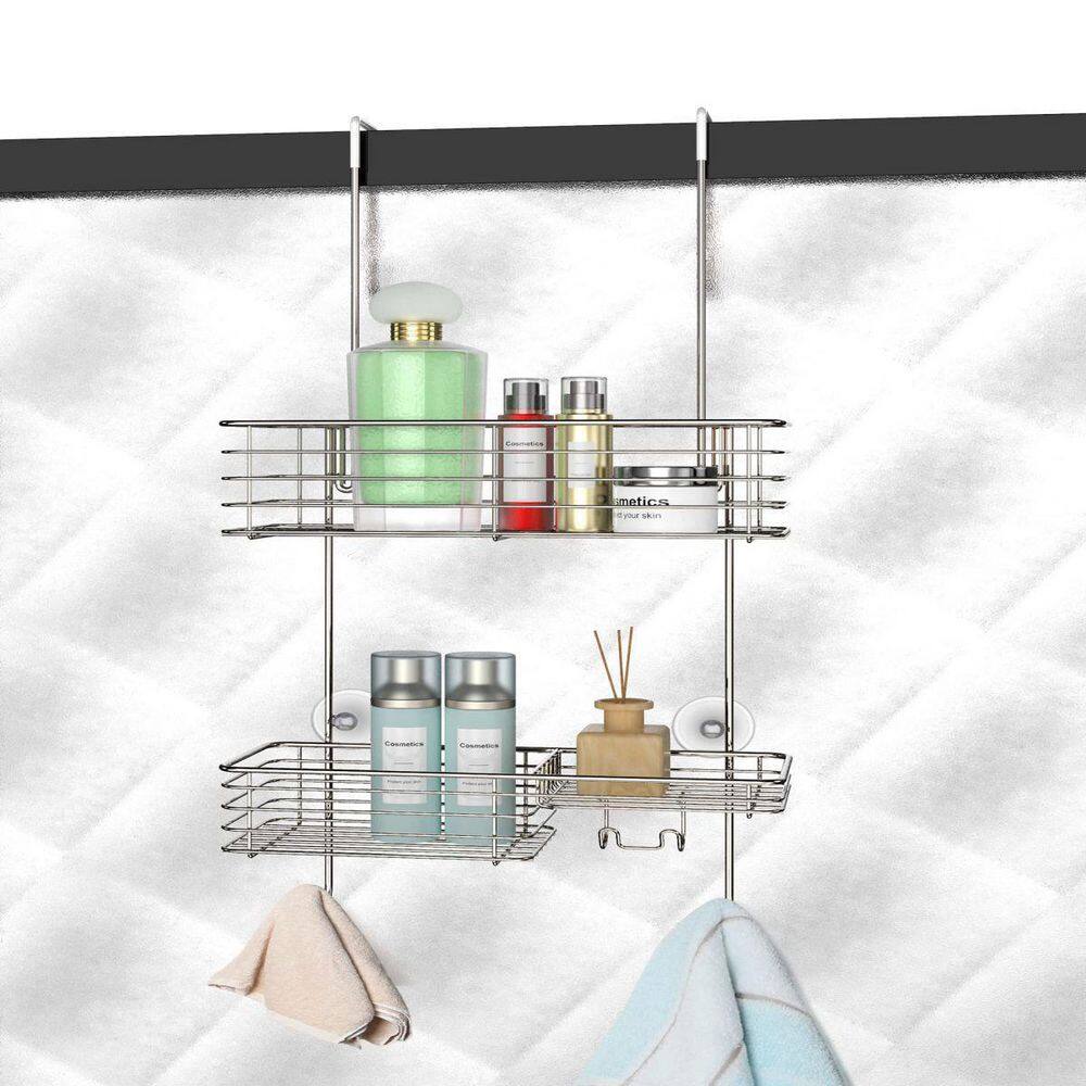 Dracelo Silver Shower Caddy Over The Door Stainless Steel Bathroom Shelf Organizer Rustproof Wall Rack with Hooks B082W5986D