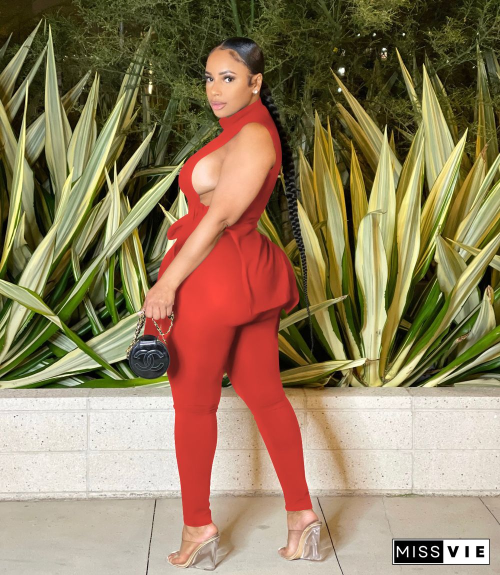 Side Lace Up Crop Tops Pencil Pants Two Piece Set