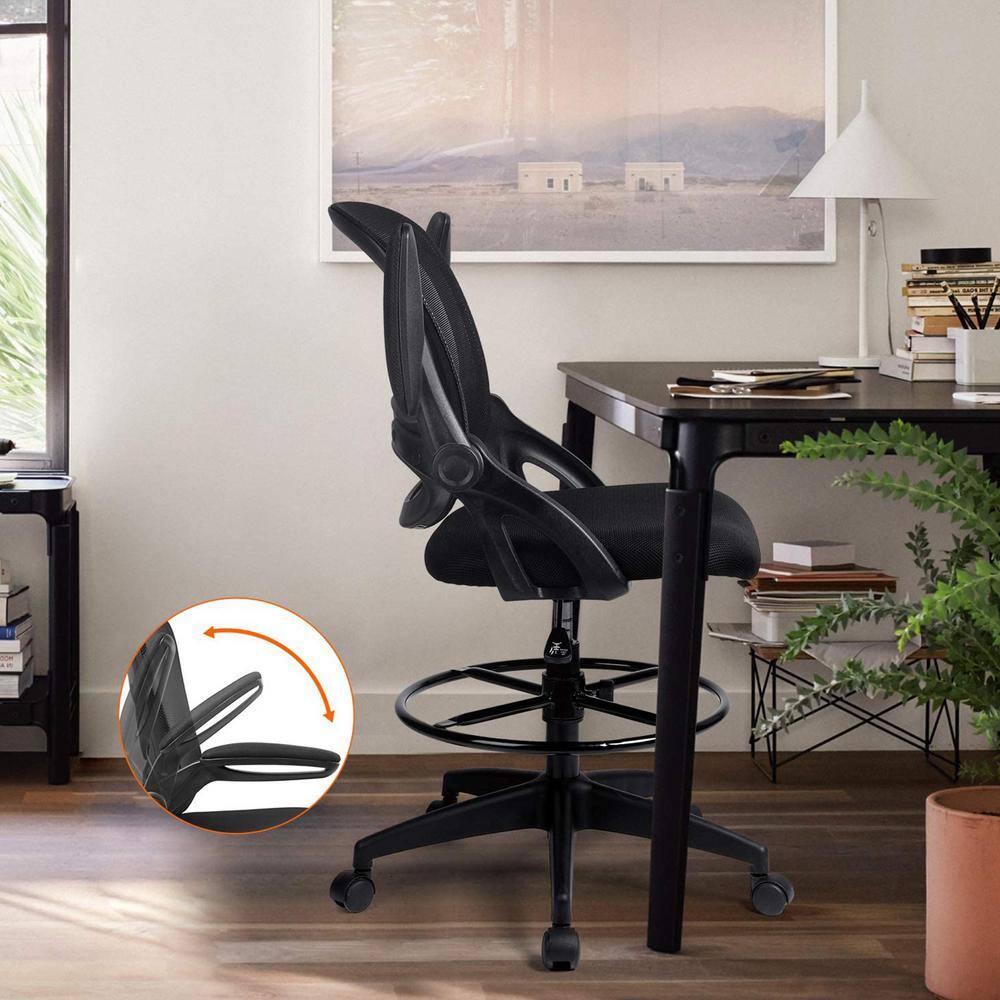 Lucklife Black Mesh Drafting Chair Tall Office Chair with Flip-up Armrests HD-CH110-BLACK