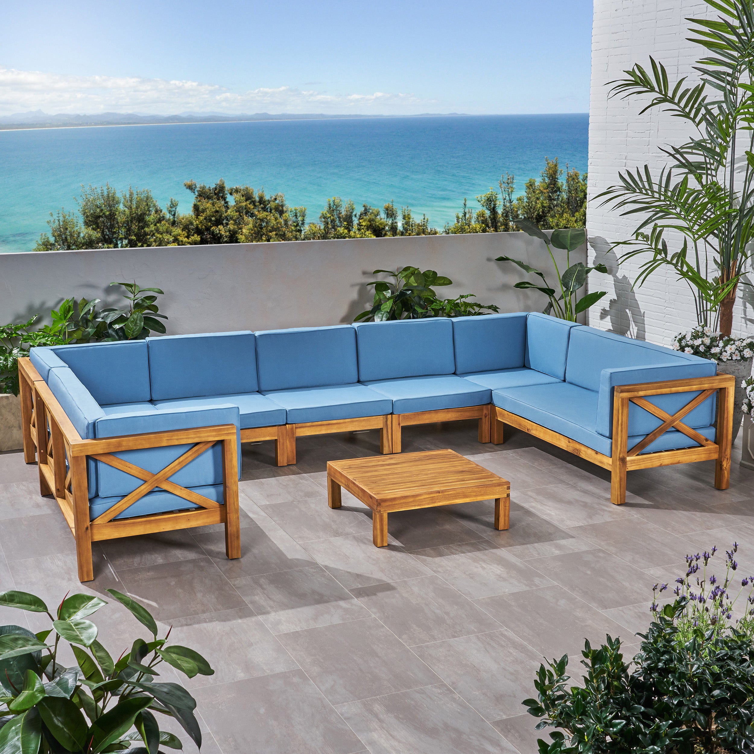 Isabella Outdoor 9 Seater Acacia Wood Sectional Sofa Set