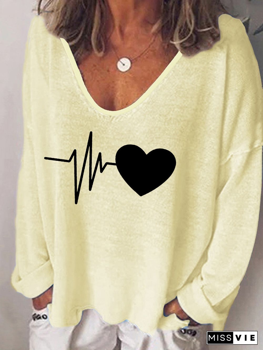 Women'S T-Shirts Heartbeat Print V-Neck Long Sleeve T-Shirt