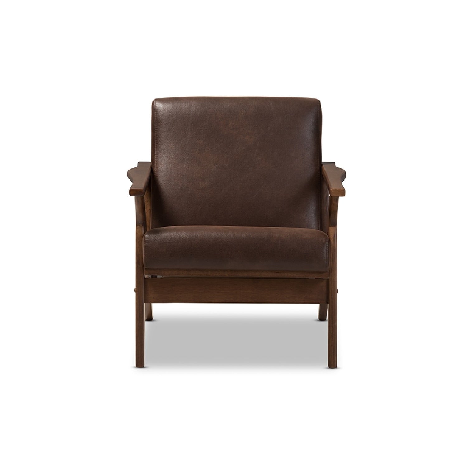 Baxton Studio Bianca Mid-Century Modern Walnut Wood Dark Brown Distressed Faux Leather Lounge Chair