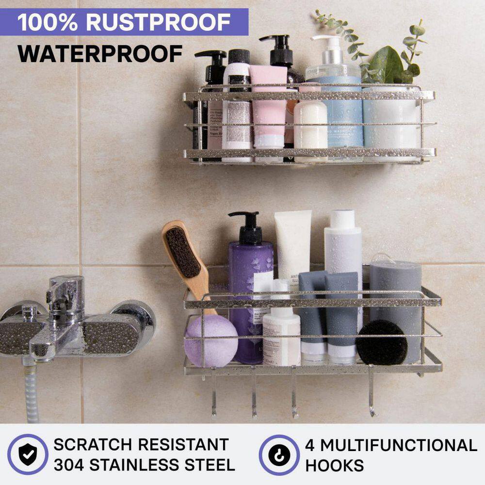 Dracelo 2 Pack Silver Adhesive Stainless Steel Shower Rack Basket Shelf with Hooks B087JNBSNQ