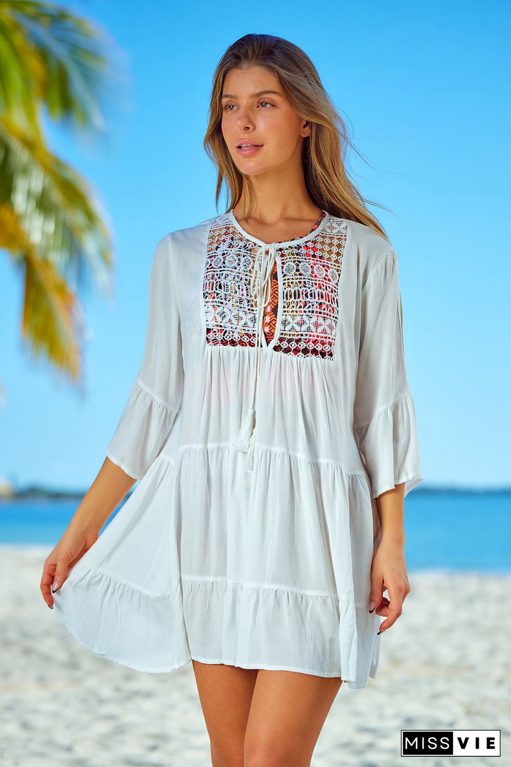 White Lace Panel Tie V Neck Beach Cover-up