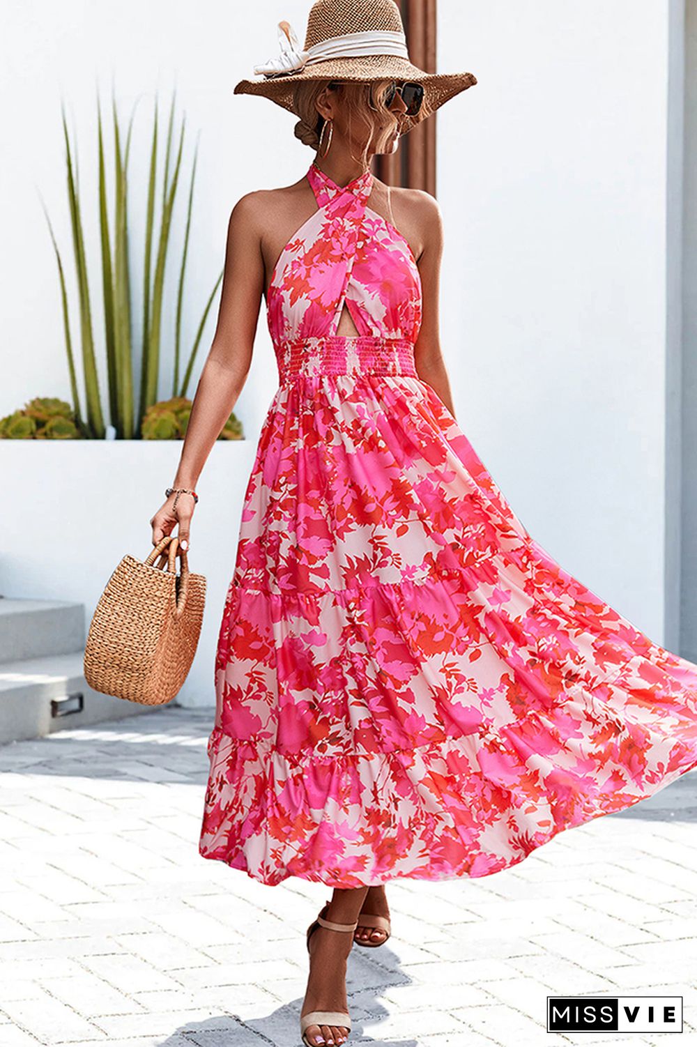 Halter Wrap Splicing Plaid Floral Dress