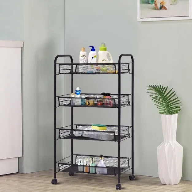 4 Tier Storage Rack Trolley Cart Home Kitchen Organizer Utility Baskets Black