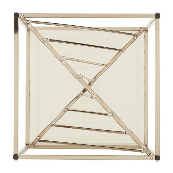 Square Metal and Glass Top End Table， Champagne Gold