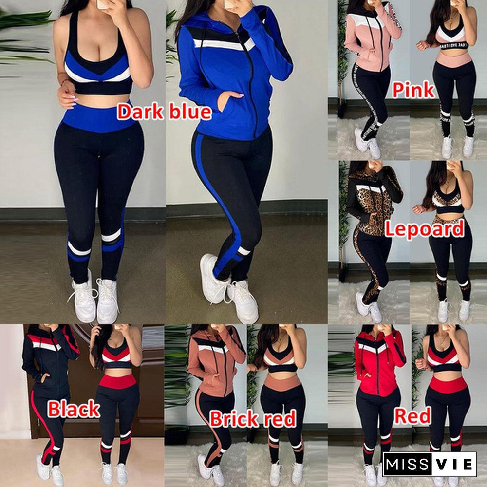 Women Fashion Sports Suits Running Wear Gym Clothes Vest Top / Pants/ Coat 3Pcs Set