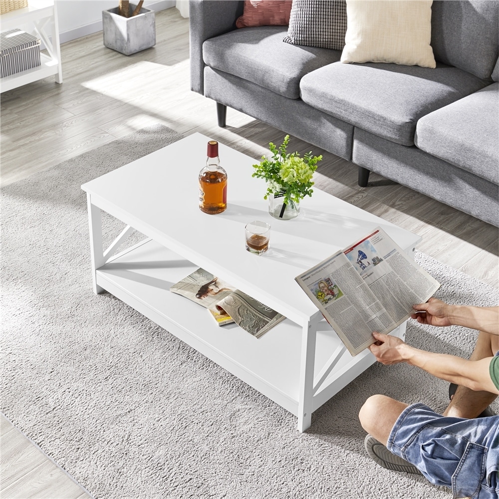 Yaheetech 2 Tier Wood Coffee Table X Design Accent Table with Shelf