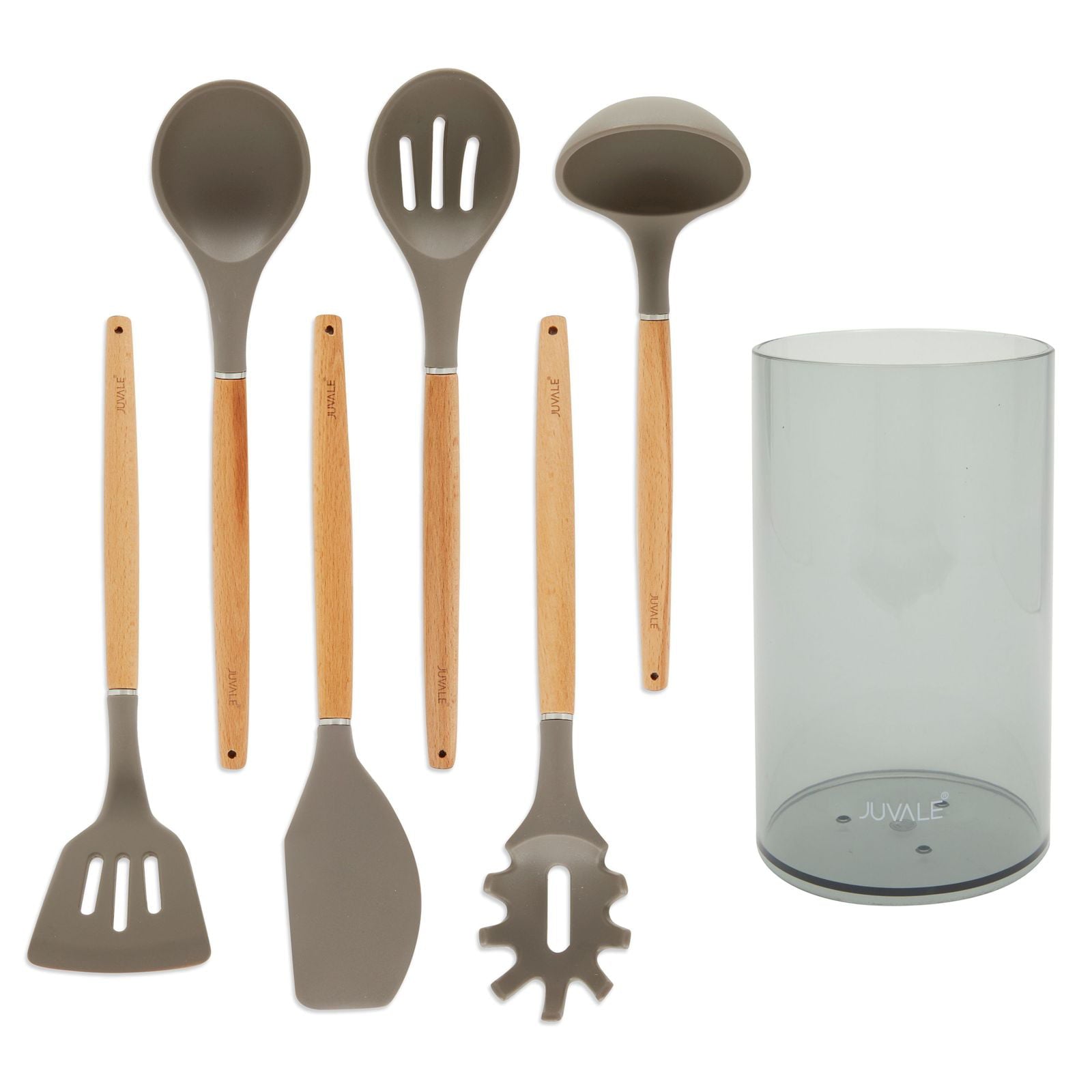 7-Piece Silicone and Bamboo Wood Kitchen Utensil Set with Holder for Cooking, with Ladle, Slotted Turner, Slotted Spoon, Serving Spoon, Pasta Server, Spatula, and Clear Holder