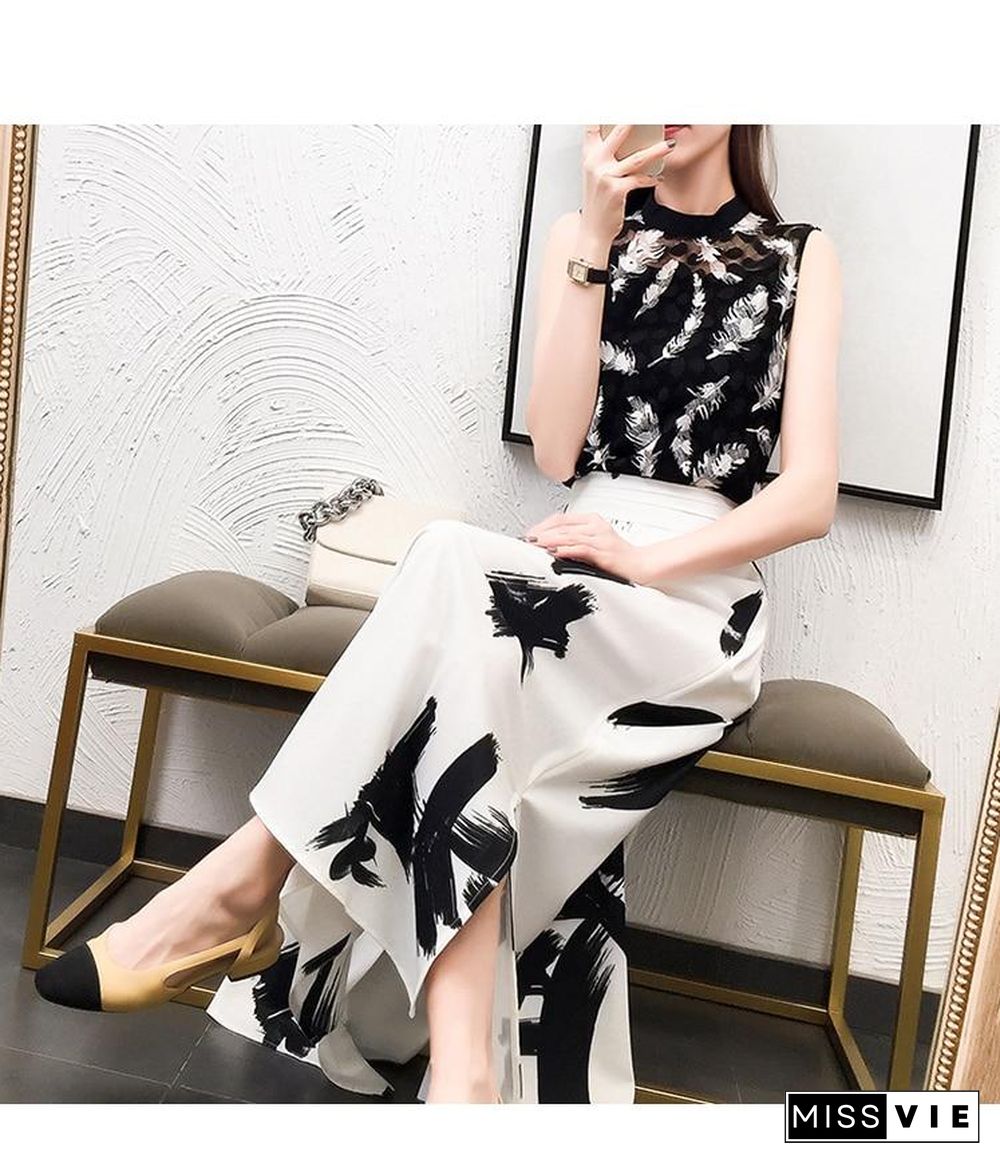 Mesh Top Ink Painting Print Split Skirt Two Piece Dress