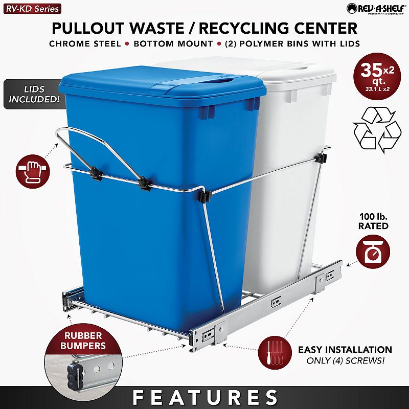 Rev-a-shelf Double Pull Out Trash Can 35 Qt For Kitchen， Bluwht， Rv-18kd-11rc-s