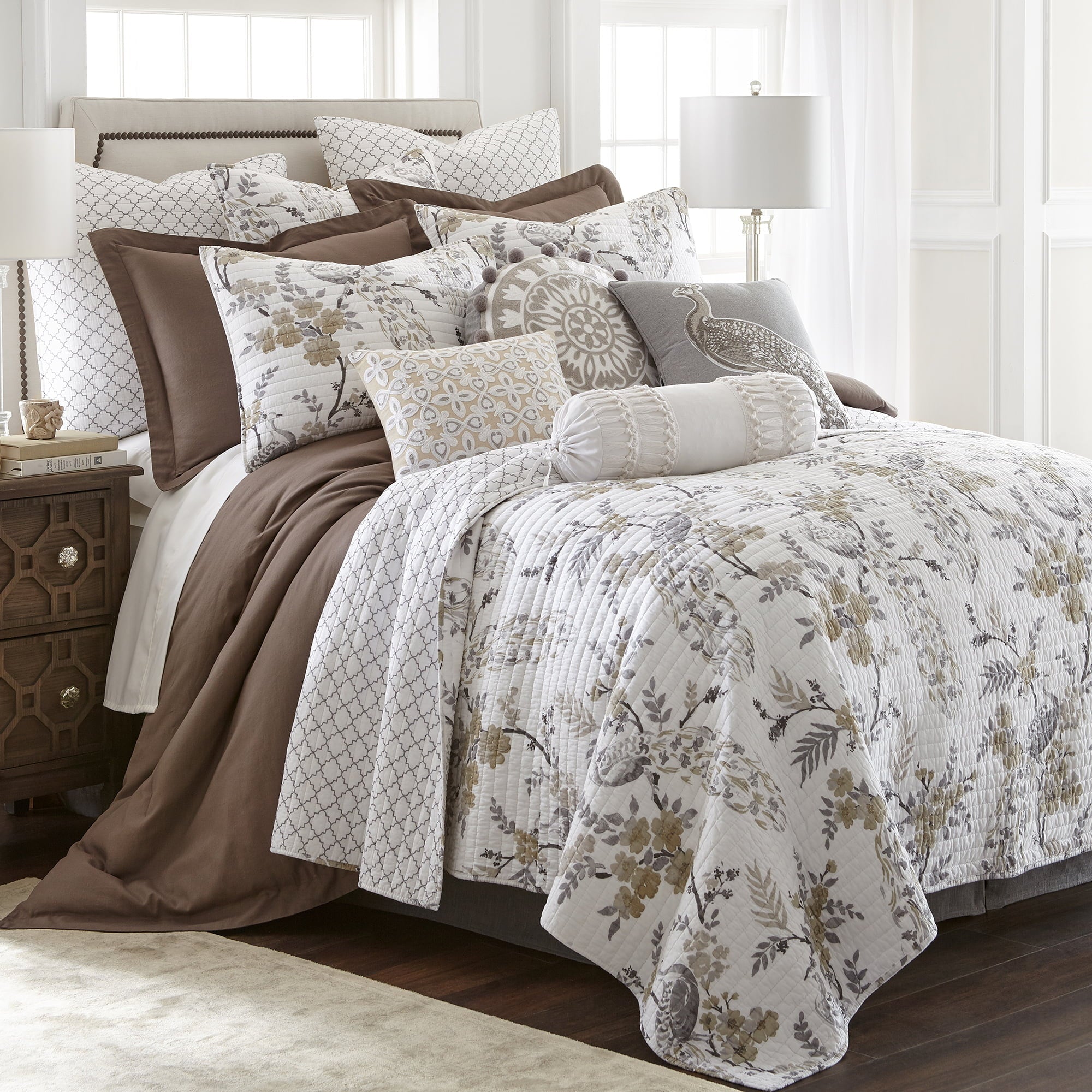 Levtex Home - Pisa Quilt Set - King Quilt + Two King Pillow Shams - Floral Contemporary Peacock - Grey and Taupe - Quilt Size (106x92in.) and Pillow Sham Size (36x20in. ) - Reversible - Cotton