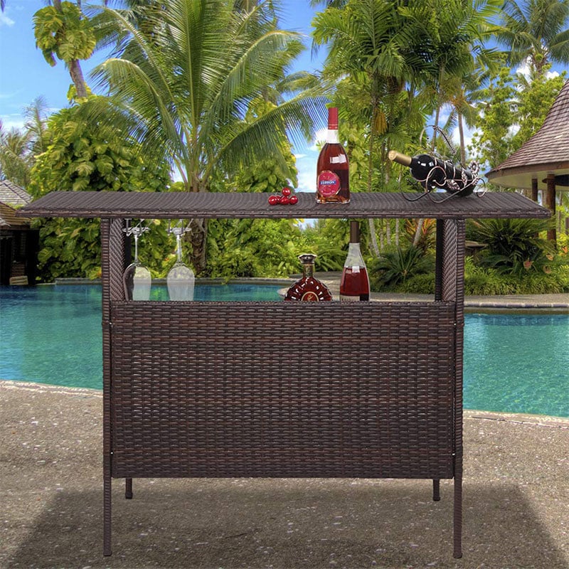 Rattan Wicker Outdoor Patio Bar Counter Table with 2-Row Goblet Holders & 2 Storage Shelves