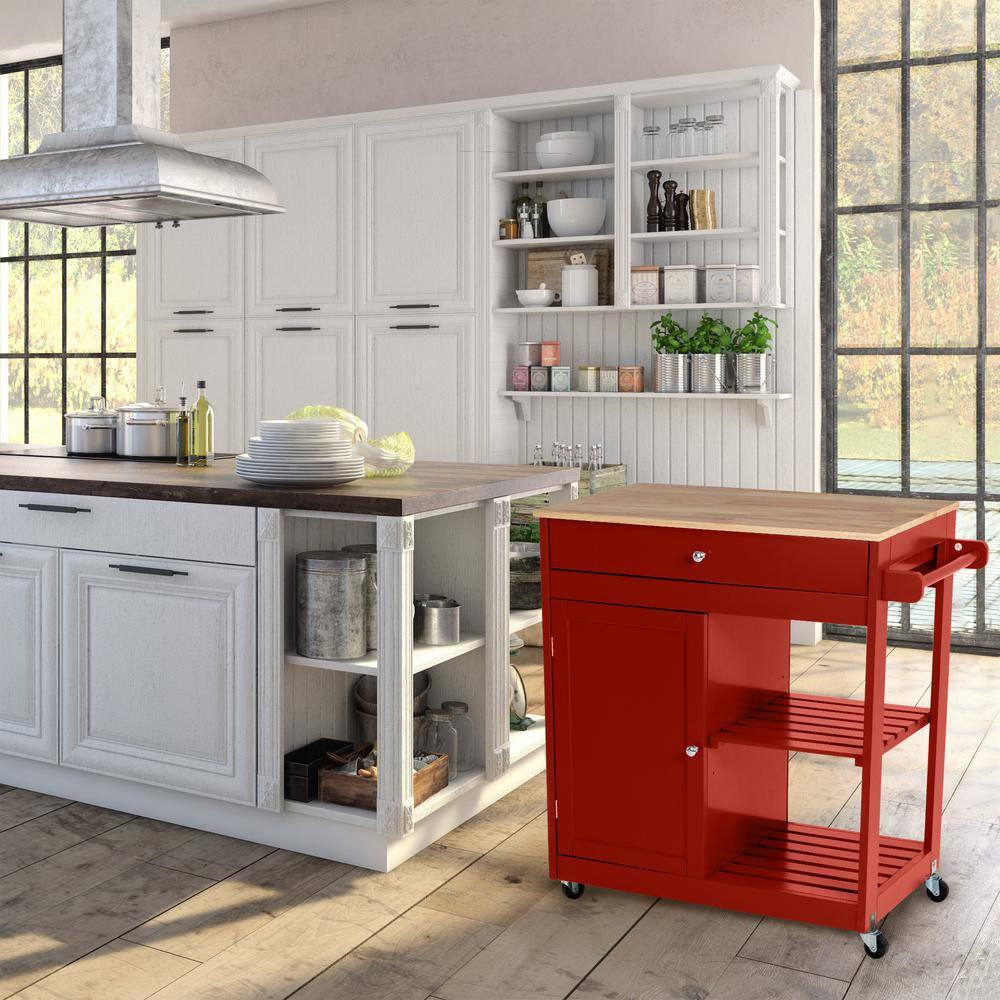 Glitzhome 34.25 in.H Red Wooden Basic Kitchen Island with 1 Drawer+1 Door+2 Tier 2000800009