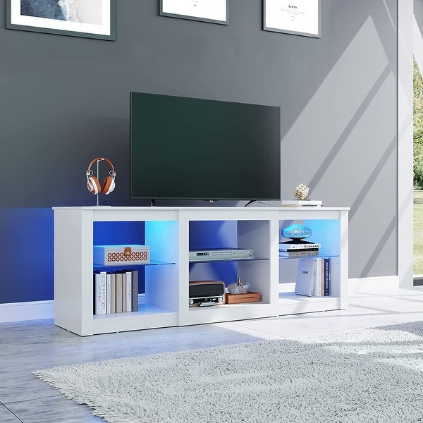 TV Stand with LED Lights for TVs up to 65 inch， Entertainment Center with Glass Shelves， Modern TV Stand for Living Room