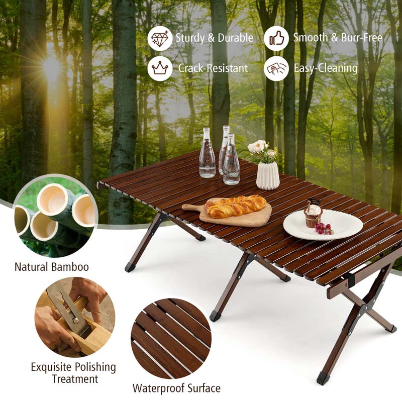 Folding Camping Table Portable Picnic Table with Carry Bag, Roll-up Bamboo Tabletop for BBQ Party Hiking