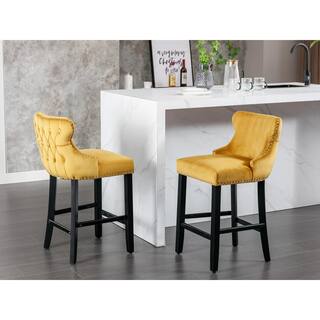 26.7 in. Gold Wing Back Wood Bar Stool Tufted Upholstered Velvet Counter Stools (Set of 2) FY-W114366435