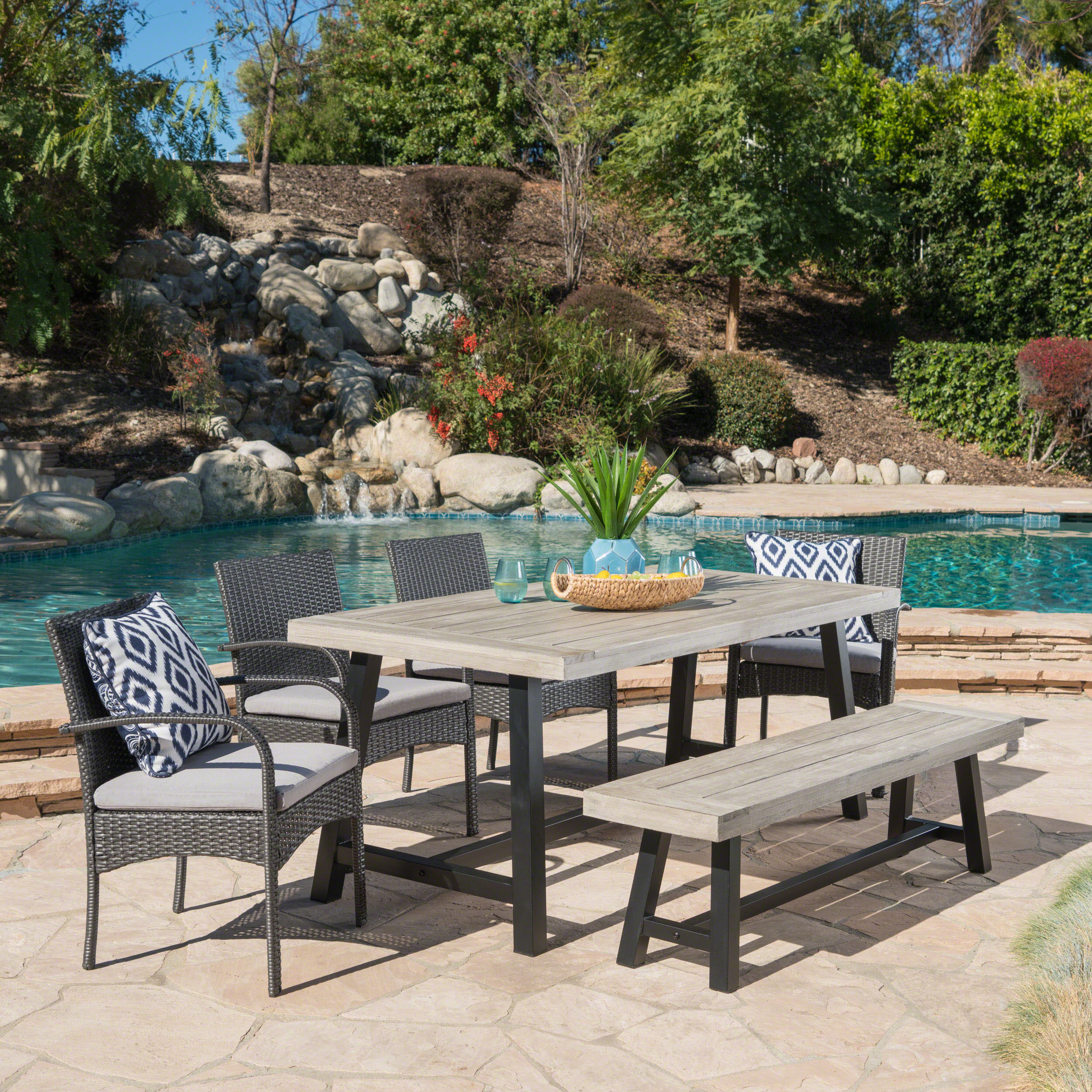 Louise Outdoor 6 Piece Wicker & Acacia Wood Dining Set