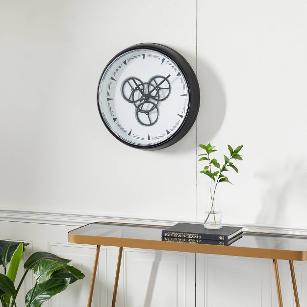 X 20 quot Round Metal Wall Clock With Functioning Gear Center Black white Olivia amp May